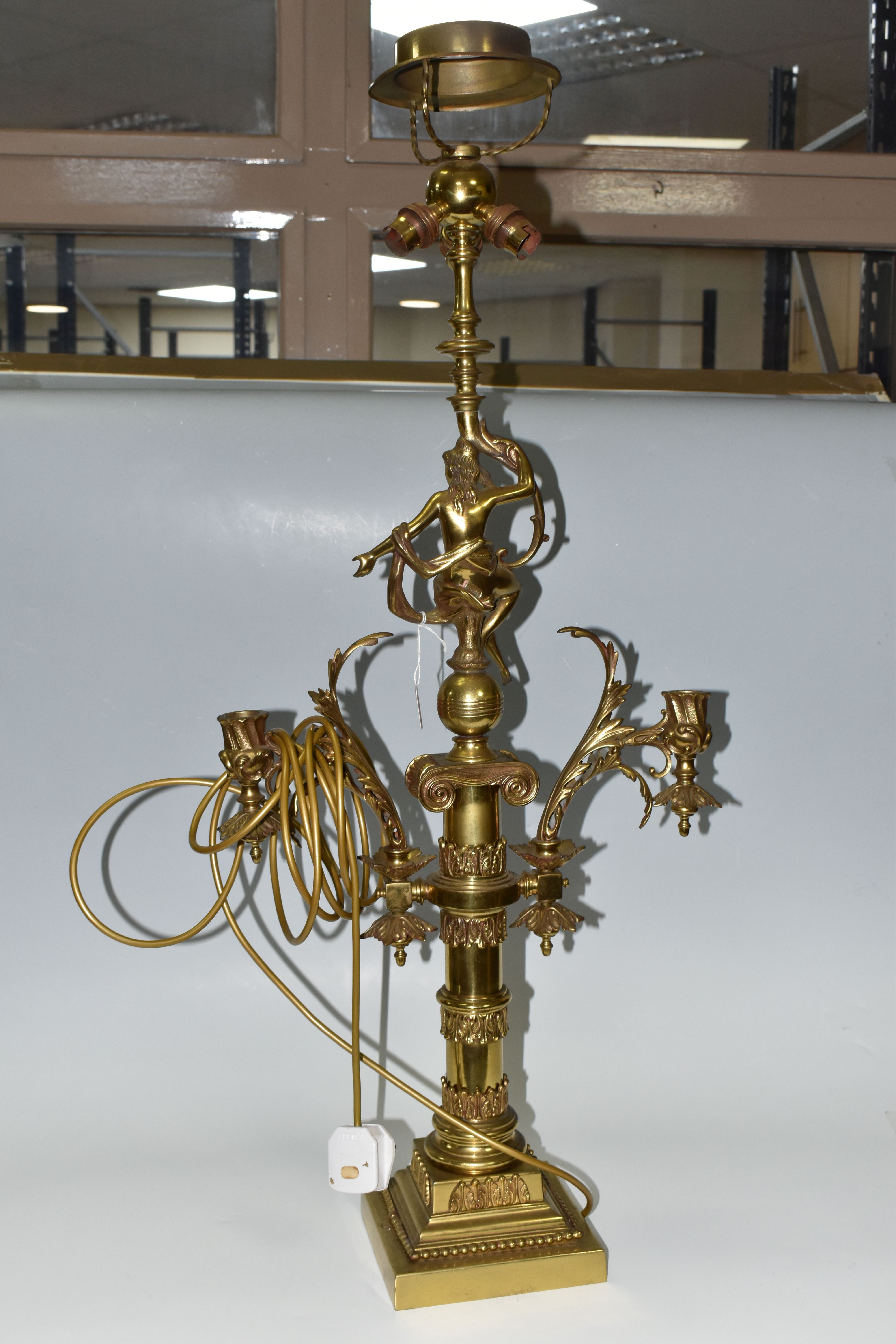 A LARGE BRASS FIGURAL TABLE LAMP, with three bulb fittings at the top, brass gimble and two flame - Image 7 of 10