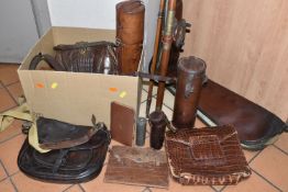 A BOX AND LOOSE LEATHER WARES, GUN CASE, FISHING ROD, HANDBAG ETC, to include a nineteenth century