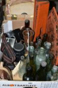 TWO BOXES OF GLASS BOTTLES AND SUNDRY ITEMS ETC, bottles include Crown Drinks Co of Bridgwater, T.