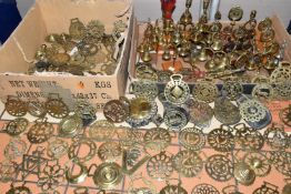 TWO BOXES OF HORSE BRASSES AND SHIRE HORSE BELLS, to include a quantity of approximately ninety to