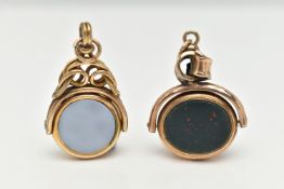 TWO YELLOW METAL SWIVEL FOBS, to include a gold plated circular fob set with bloodstone and sardonyx