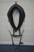 A LARGE LEATHER HORSE COLLAR, width 66cm x height 90cm, along with a pair of brass horse hames (