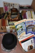 FOUR BOXES OF KEYBOARD MUSIC, MAGAZINES, BOOKS, BOWLER HAT, CLOCK AND SUNDRY ITEMS, to include two