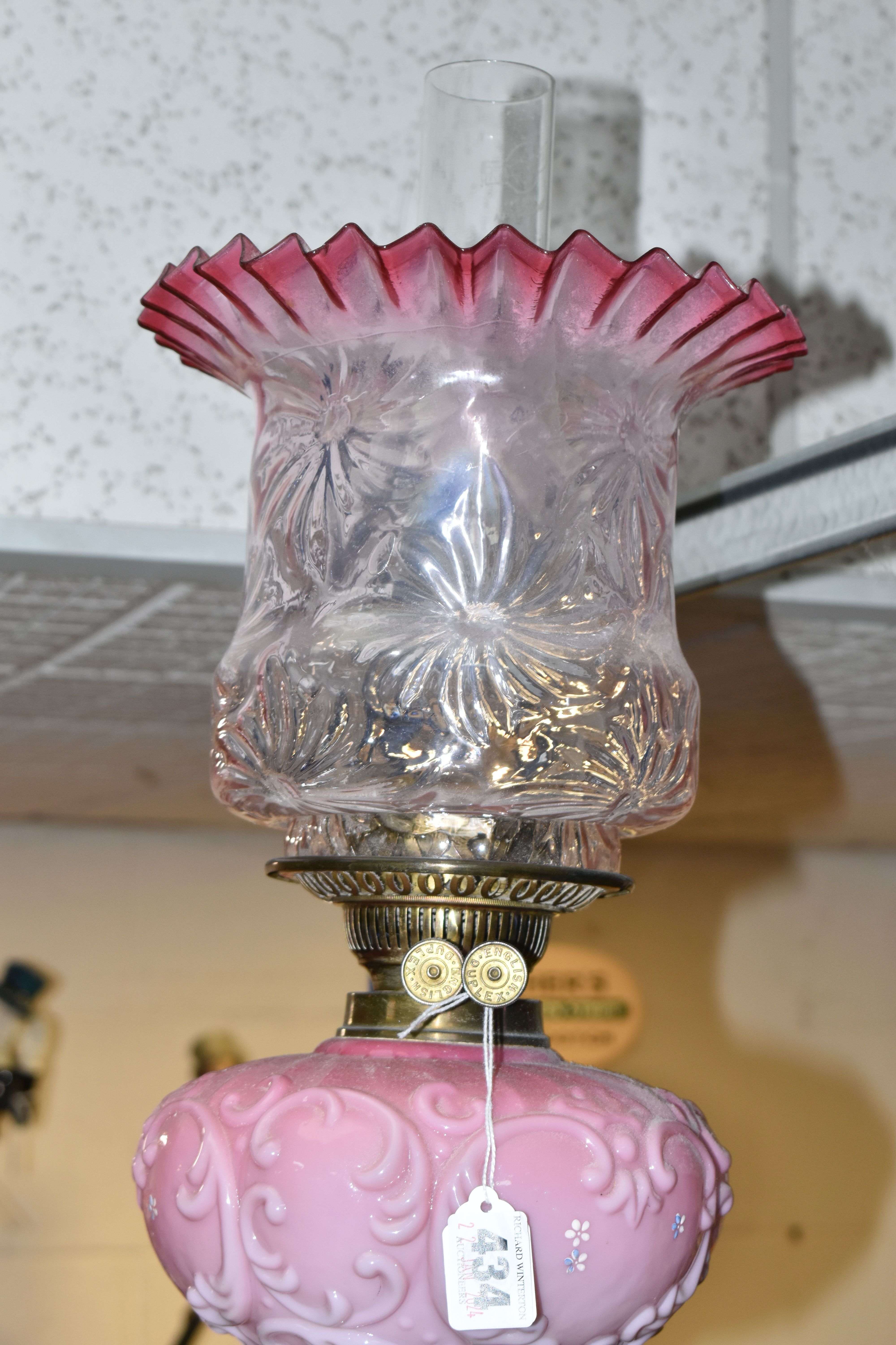 A TALL VICTORIAN BRASS OIL LAMP, with a pink glass reservoir, clear to cranberry frilled shade, - Image 2 of 7