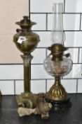 TWO VICTORIAN OIL LAMPS AND THREE SPARE BURNERS, comprising three brass oil lamp burners complete