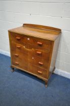 A 20TH CENTURY WALNUT AND INLAID CHEST OF FOUR LONG DRAWERS, with a raised back and cabriole legs,