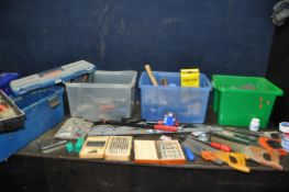 THREE PLASTIC BOXES AND A TOOLBOX CONTAINING TOOLS including Spear and Jackson and Bahco saws, spade
