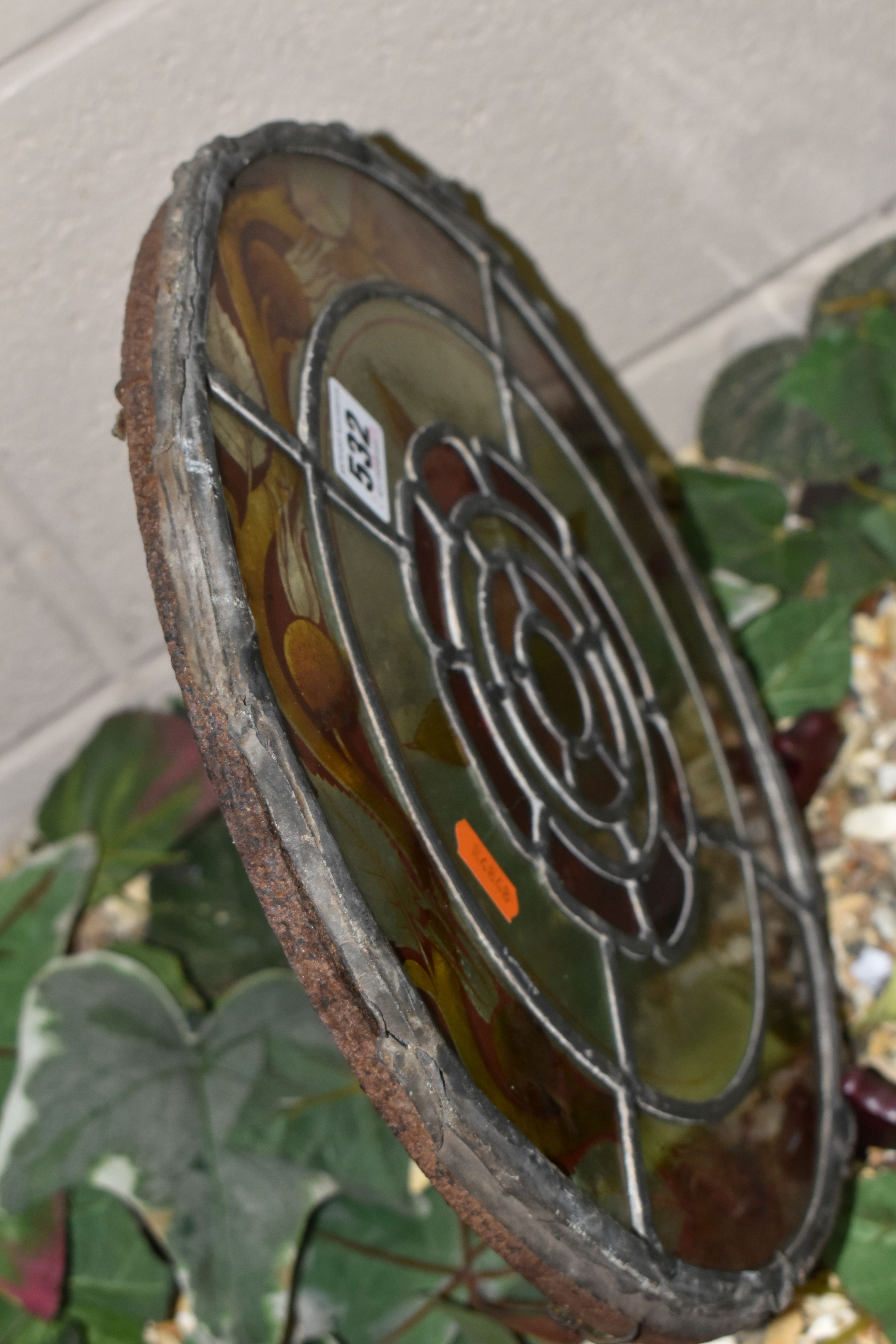 A CIRCULAR STAINED GLASS PANEL, on a metal frame, decorated with a central Tudor rose motif, - Image 5 of 5