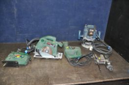 A COLLECTION OF BOSCH POWER TOOLS comprising of a GOF 1300ACE 1/2in router with guide, a PFZ550