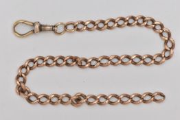 A ROSE METAL CHAIN, a curb link chain, fitted with a base metal lobster clasp, approximate length of
