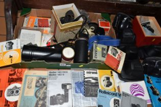THREE BOXES OF VINTAGE PHOTOGRAPHIC EQUIPMENT ETC, to include a Carl Zeiss 85mm f2.8 Sonnar