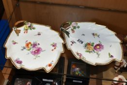 TWO ROYAL COPENHAGEN LEAF SHAPED DISHES, each hand painted with floral sprays, having naturalistic