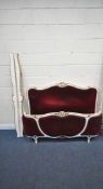 A WHITE AND GOLD 5FT10 PAINTED FRENCH BEDSTEAD, with burgundy upholstery, along with a pairs of