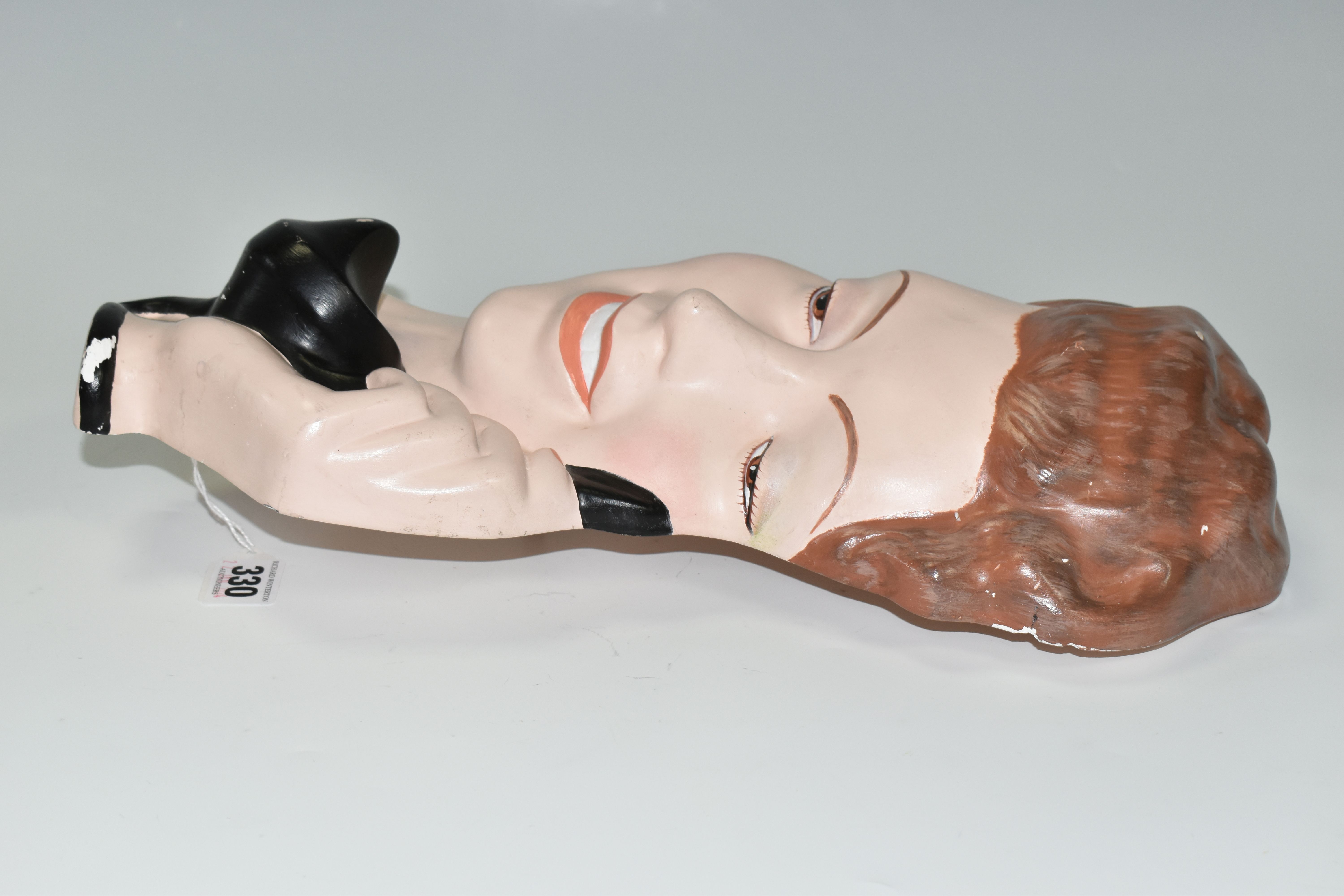 A LARGE PLASTER WALL PLAQUE OF A 1940S STYLE YOUNG WOMAN WITH A TELEPHONE, height 37.5cm x width - Image 3 of 6
