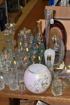 A COLLECTION OF 19TH AND EARLY 20TH CENTURY GLASSWARE, comprising a pale pink oil lampshade