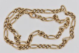 A 9CT GOLD CHAIN NECKLACE, yellow gold figaro chain, fitted with a lobster clasp, approximate length