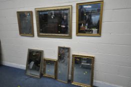 A SELECTION OF GILT FRAME WALL MIRRORS, to include four bevelled edge mirrors, one gilt resin mirror