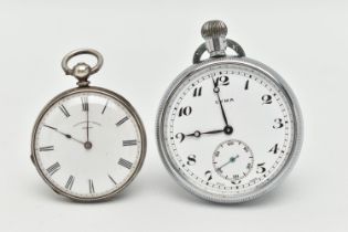 TWO OPEN FACE POCKET WATCHES, the first with white face, black Roman numerals, stamped Platnauer