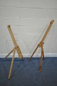 TWO BEECH FRAMED FOLDING ARTISTS EASELS (condition report: one easel missing tightening nut, both