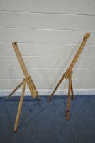 TWO BEECH FRAMED FOLDING ARTISTS EASELS (condition report: one easel missing tightening nut, both