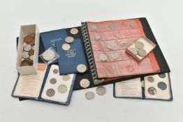 A LARGE CARDBOARD BOX CONTAINING COINS, COIN ALBUM, to include an album of mixed coins inc sliver