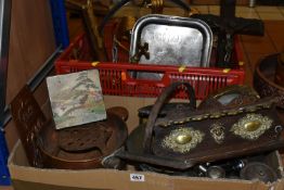 TWO BOXES OF METALWARE, LIGHTING AND THREE LARGE CRUCIFIXES, to include a desk top brass crucifix,