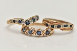 THREE GEM SET RINGS, three yellow metal band rings each set with sapphires and diamonds, one ring