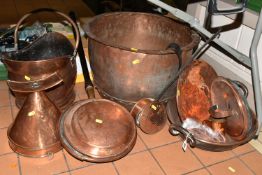 A COLLECTION OF COPPER WARES, to include a Victorian twelve gallon cauldron stamped A&L, approximate