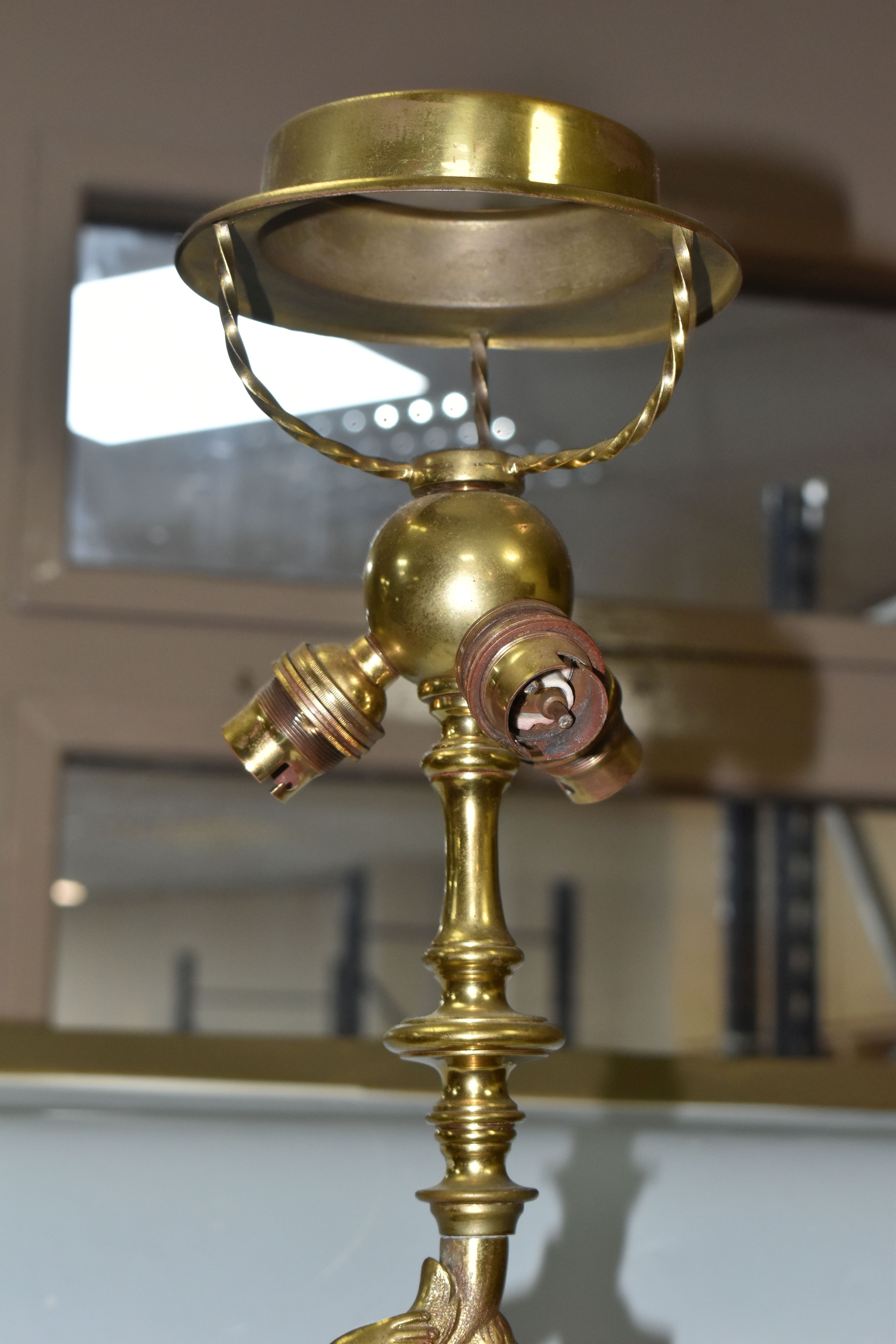 A LARGE BRASS FIGURAL TABLE LAMP, with three bulb fittings at the top, brass gimble and two flame - Image 6 of 10