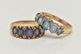 TWO 9CT GOLD GEM SET RINGS, the first a five stone oval cut blue topaz ring, prong set in yellow