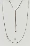 A 9CT WHITE GOLD LARIAT STYLE NECKLACE, fine box chain leading on to a tassel style drop pendant,
