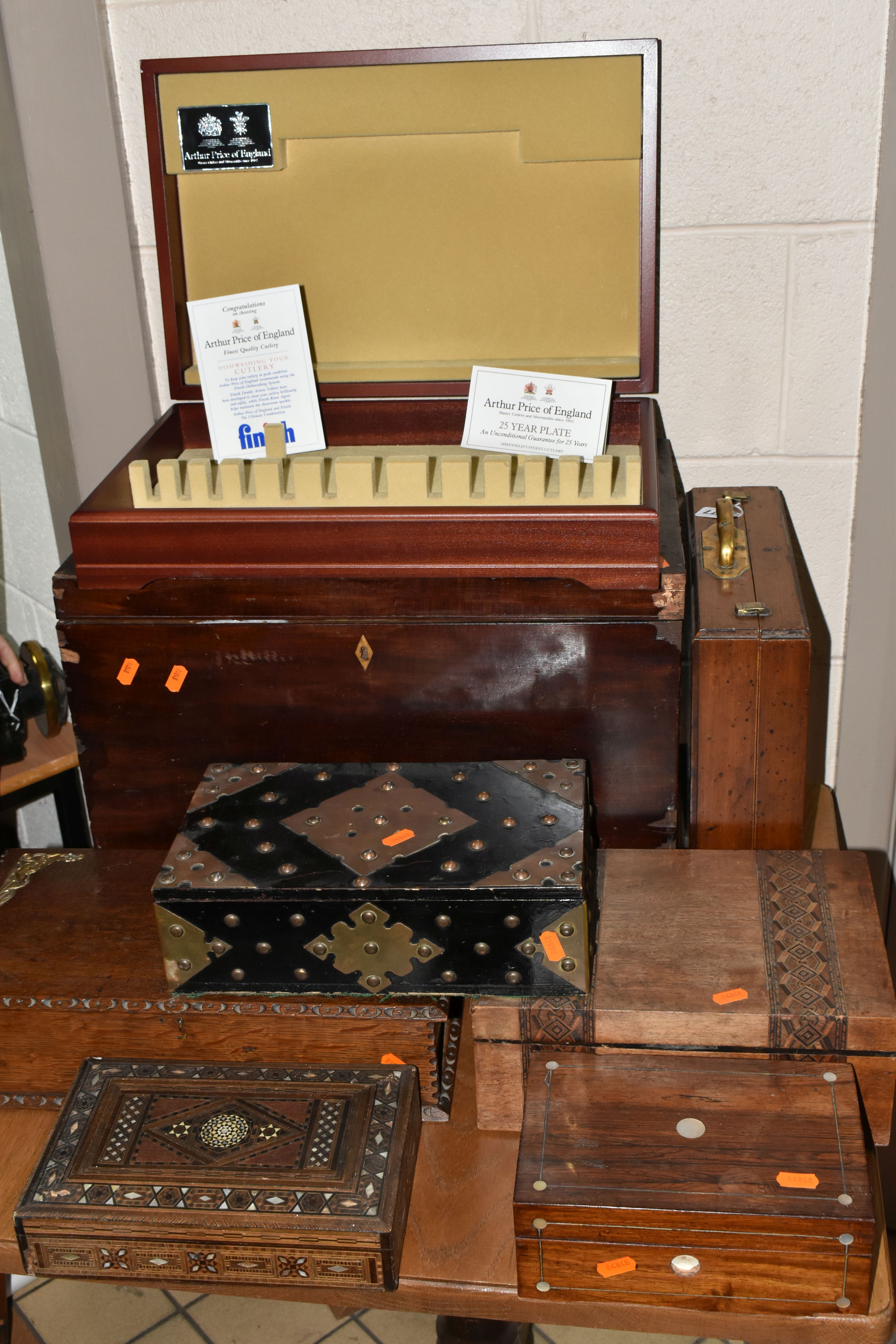 A GROUP OF WOODEN BOXES, to include a black lacquered box with brass mounts and studded details,