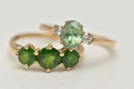 TWO 9CT GOLD GEM SET RINGS, the first a three stone chrome diopside ring, prong set in yellow