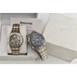 TWO GENTS BOXED 'ACCURIST' WRISTWATCHES, the first quartz movement, round gun metal colour