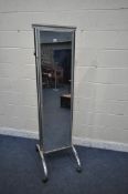 A CHROME FRAME DOUBLE SIDED SHOP CHEVAL MIRROR, with a grey painted wooden top rail and frame, a