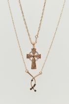 TWO PENDANT NECKLACES, the first a Celtic cross pendant, set with single cut diamond accents, fitted