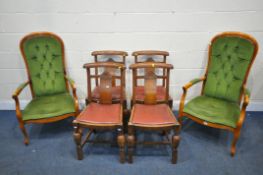 A PAIR OF REPRODUCTION BUTTON BACK ARMCHAIRS, with green studded upholstery, open armrests, on front