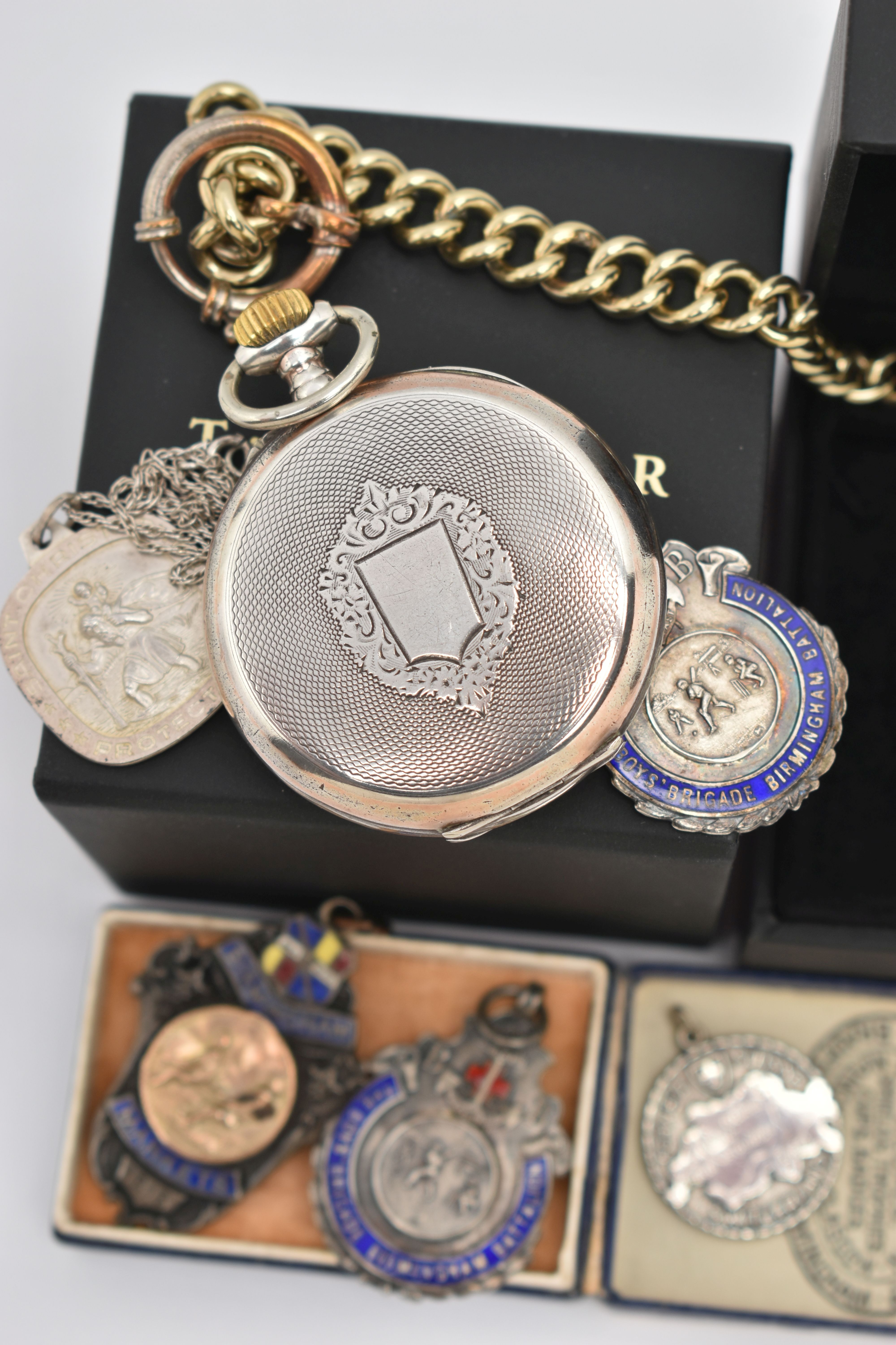 AN OPEN FACE POCKET WATCH AND ASSORTED MEDALS, hand wound movement, round white dial, Arabic - Image 6 of 9