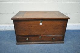 A SMALL GEORGIAN AND LATER OAK AND INLAID MULE CHEST, the inner lid depicting a carved coat of arms,