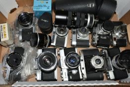 ONE BOX OF VINTAGE FILM CAMERAS AND LENSES ETC, to include a Lordomat 35mm camera fitted with an