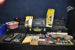 THREE TOOLBOXES INCLUDING TOOLS including a Mitoyu combination square, two router bit sets, a