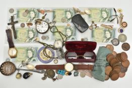A BOX OF ASSORTED ITEMS, to include a silver open face pocket watch, key wound, round white dial