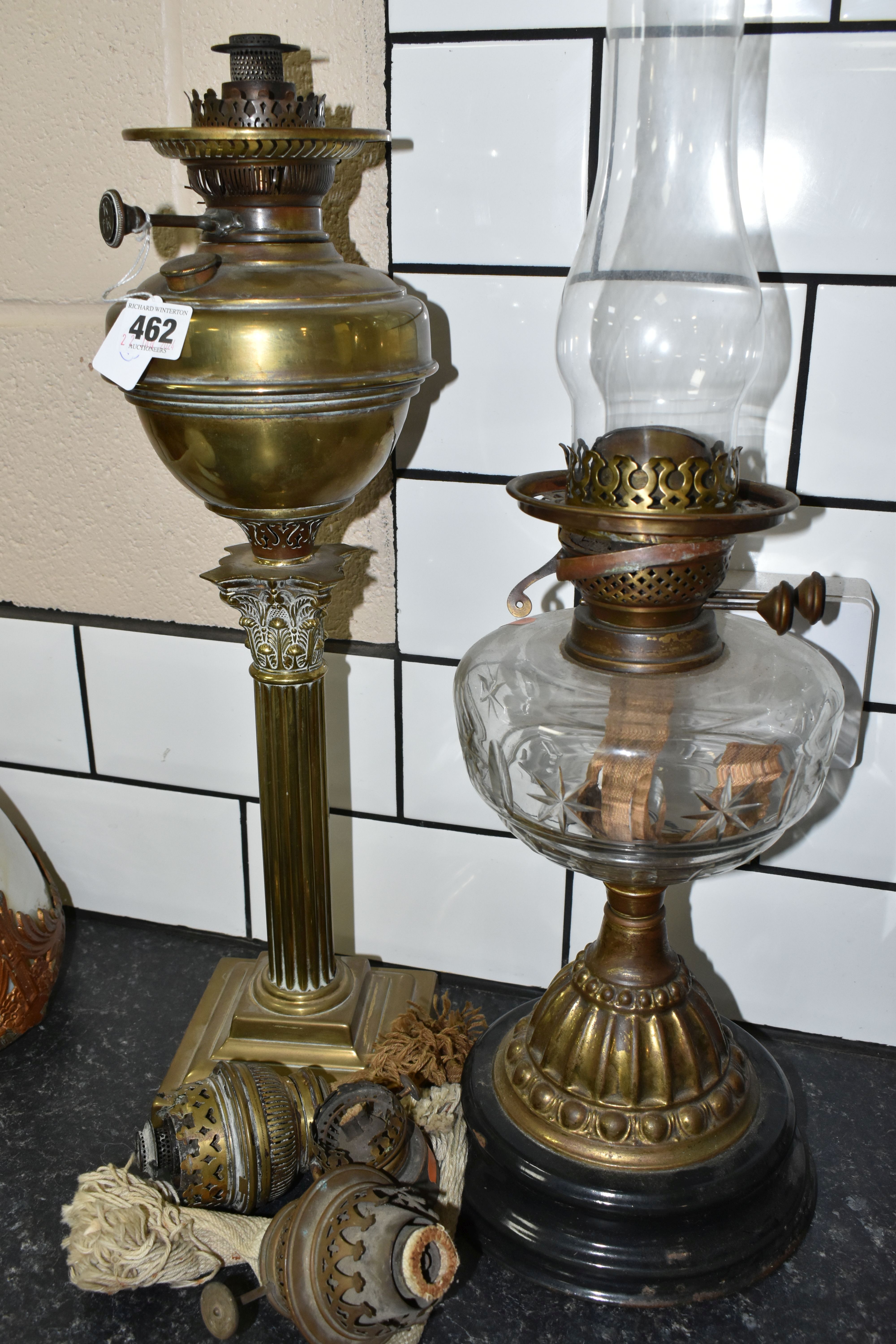 TWO VICTORIAN OIL LAMPS AND THREE SPARE BURNERS, comprising three brass oil lamp burners complete - Image 6 of 7
