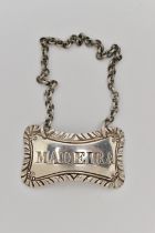 A GEORGIAN SILVER DECANTER LABEL, rectangular label, engraved 'Madeira', makers mark 'Hester