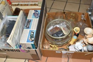 TWO BOXES OF CERAMICS, GLASS, MODEL VEHICLES AND SUNDRY ITEMS, to include two Nao figures, a pair of