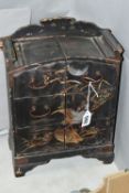 A JAPANESE PAINTED LACQUER CABINET, approximate dimensions height 39cm, width 23cm, depth 11cm,