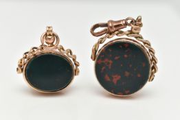 TWO 9CT GOLD SWIVEL FOBS, the first of a circular form set with carnelian with engraved intaglio and