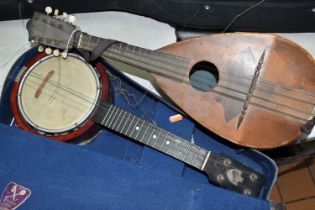 A MANDOLIN AND BANJULELE BANJO, comprising mandolin with inlaid details and homemade shoulder