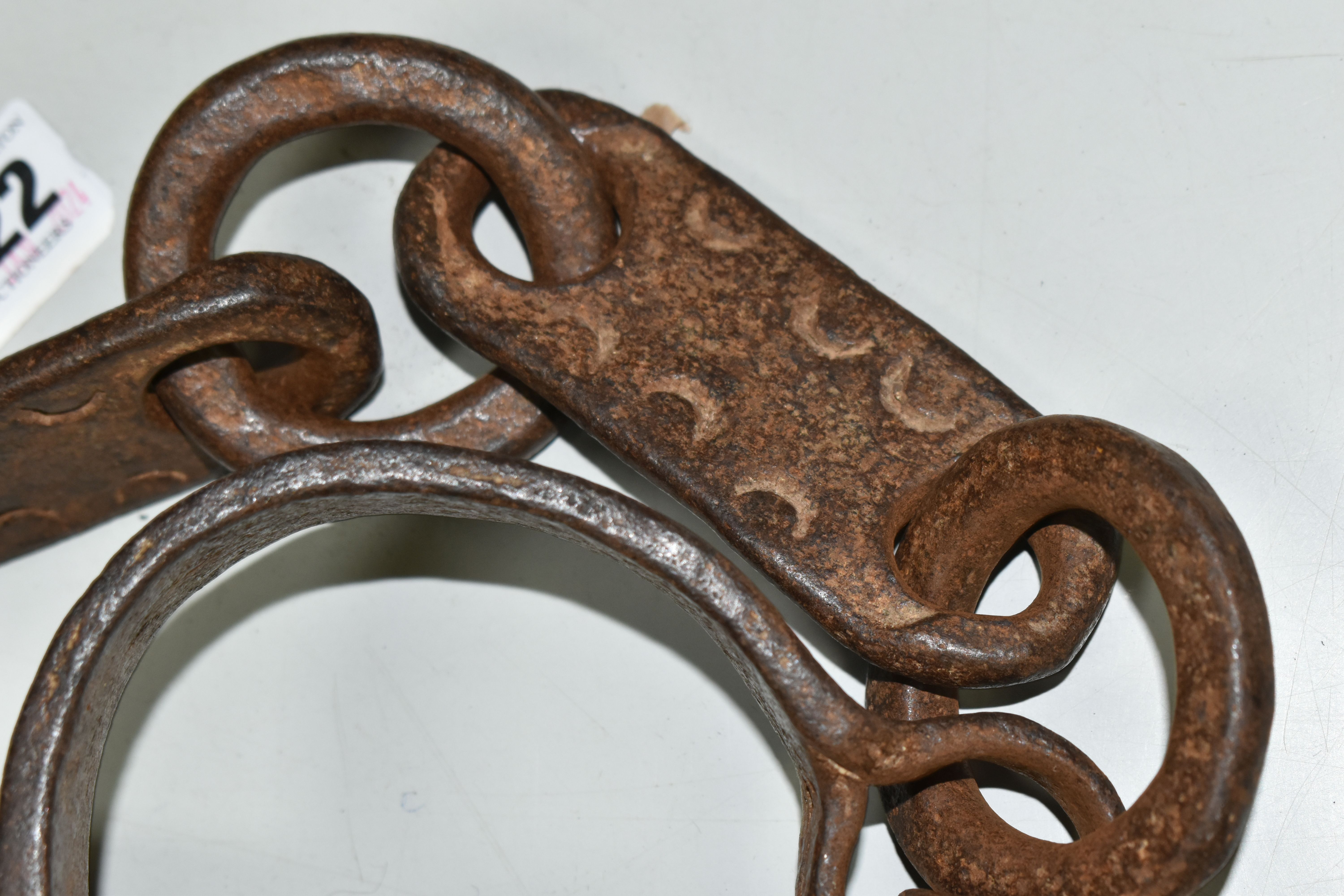 19TH CENTURY WROUGHT IRON SHACKLES, crude decoration to the flat links, lacking lock mechanism and - Image 2 of 4