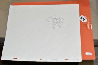 A PENCIL DRAWING OF DISNEY'S DUMBO THE ELEPHANT, the sketch has blue shadow areas with text